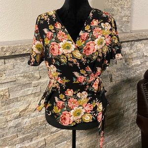 MONTEAU Floral Wrap Blouse - Black and Pink